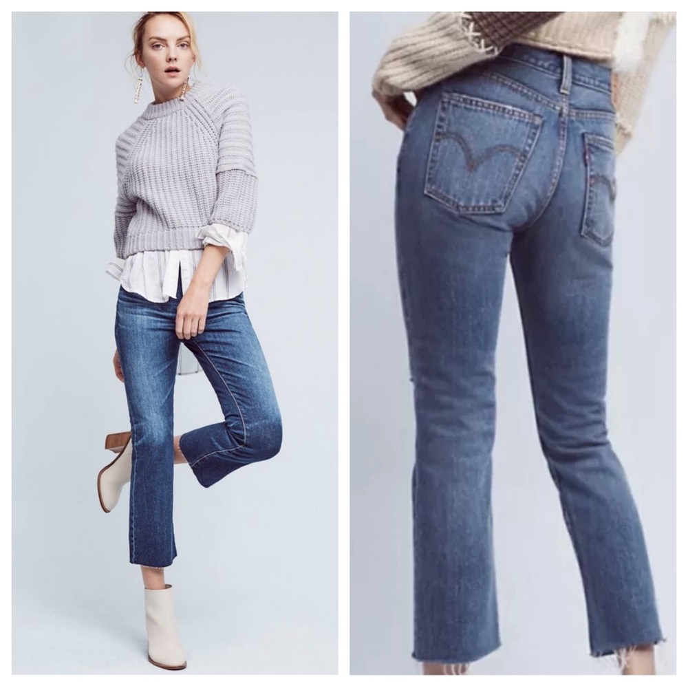 Levi's High Rise Raw Hem Straight Kick Flare Crop Jeans Sea Of Thyme Medium Blue